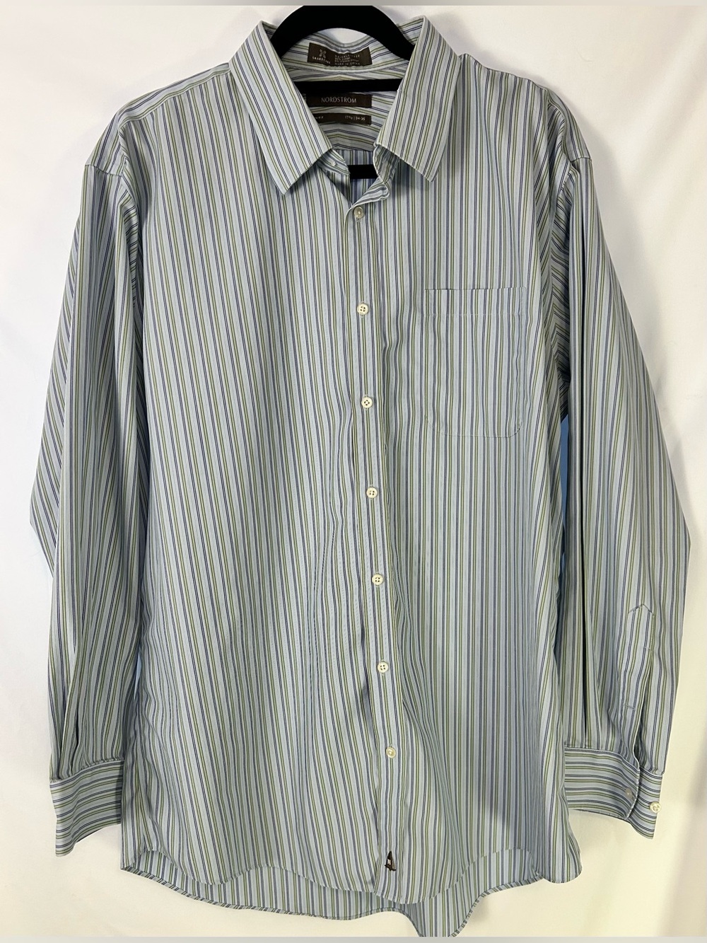 Nordstrom SmartCare Trim Fit Dress Shirt 17.5 34/35 Blue Green Stripe